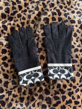 Coach Black Glitter Knit Gloves with White Signature Cuff